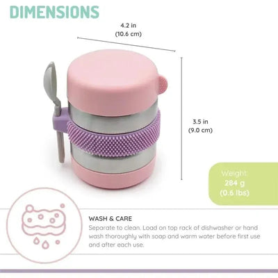 Stainless Steel Food Jar by Melii, 10.1oz, double-walled, vacuum insulated, featuring pink and purple colors with care instructions.