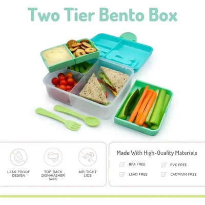 Two Tier Bento Box in blue mint lime, featuring compartments with sandwiches, cherry tomatoes, carrots, celery, and snacks.