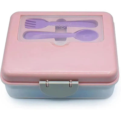 Two-tier pink bento box with a transparent lid showing included purple utensils. Capacity: 48.8 oz.