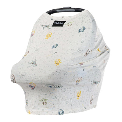 Multifunctional cover featuring playful Star Wars™ characters on a white background, designed for baby car seats and nursing.