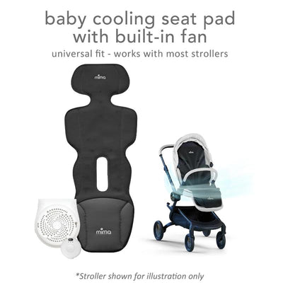 Mima Flo Baby Cooling Seat Liner in Lollipop Black featuring a built-in fan, compatible with most strollers.
