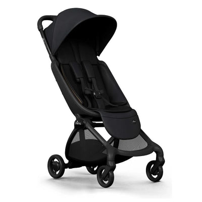Mima Miro compact stroller featuring a black chassis and seat, designed for easy maneuverability and comfort.