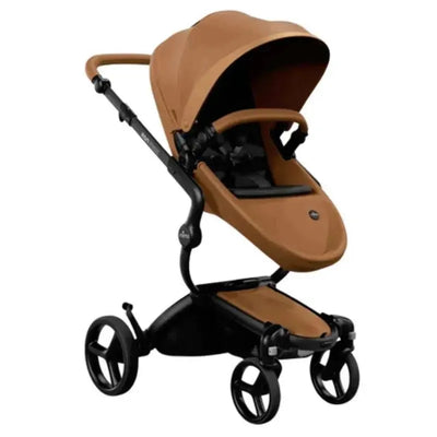 Mima Xari Max stroller in black and camel with a sleek design and adjustable canopy, showcasing a comfortable seating area.