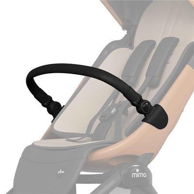 Black Miro Bumper Bar designed for a stroller, featuring smooth curves and secure attachment points.