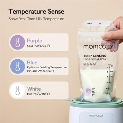 Momcozy temp-sensing breastmilk storage bag displaying temperature color indicators for milk, with real-time temperature ranges.