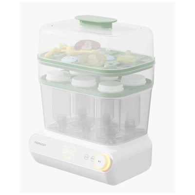 3-layer Momcozy bottle sterilizer and dryer with a digital display, holding baby bottles and accessories in a compact design.