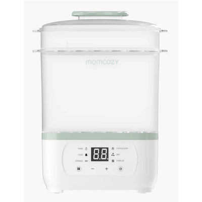 Momcozy 8-in-1 Baby Bottle Steam Sterilizer featuring a digital display with controls for sterilizing, drying, and food thawing.
