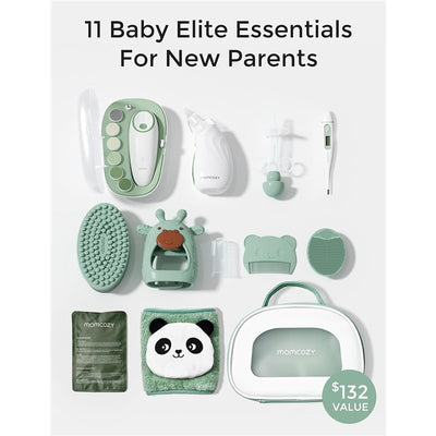 Momcozy All-in-1 Elite Baby Kit featuring 11 essential baby items including a thermometer, comb, and pacifier, valued at $132.