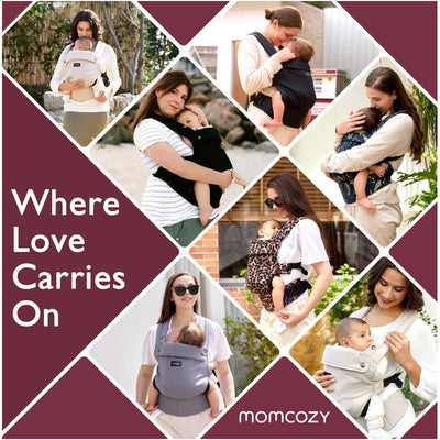 Momcozy Baby Carrier for newborns to toddlers in black, featuring various styles and moms carrying their babies in comfortable settings.