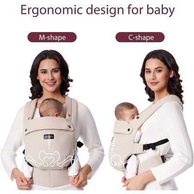 Momcozy Baby Carrier in khaki, showing ergonomic designs for M-shape and C-shape carrying positions with an infant.