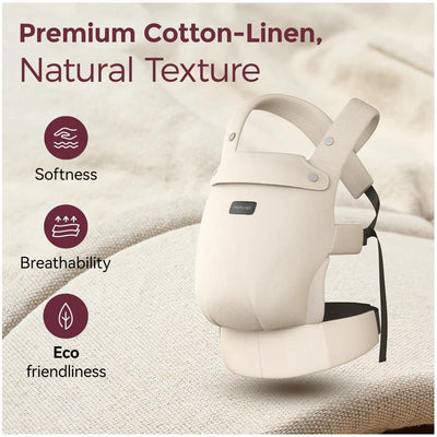 Momcozy baby carrier in light amber made of premium cotton-linen, highlighting softness, breathability, and eco-friendliness.