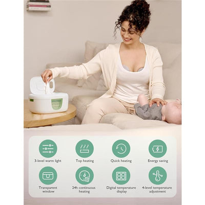 Momcozy Baby Wipe Warmer sitting on a table, with a woman smiling and pulling a wipe for a baby nearby.