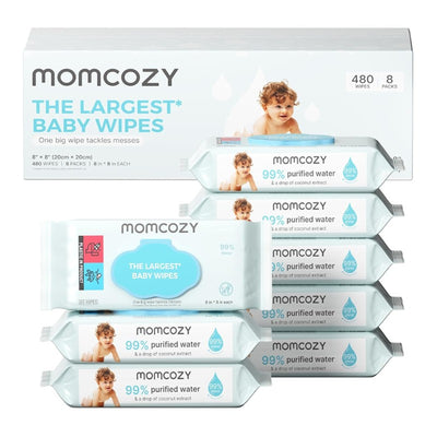 Momcozy baby wipes in extra-large size, featuring eight flip-top packs, totaling 480 wipes with 99% purified water.