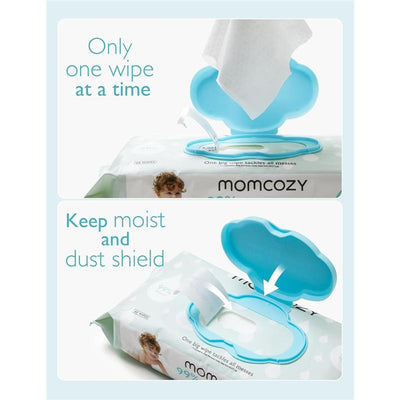 Momcozy extra large baby wipes pack showing a flip-top lid; highlights one wipe at a time usage and moisture protection.