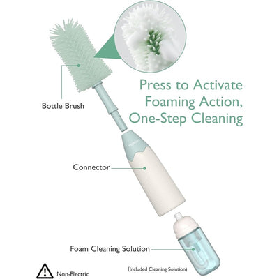 Momcozy Bottle Brush Kit featuring foaming action for easy cleaning, includes brush, connector, and foam cleaning solution.