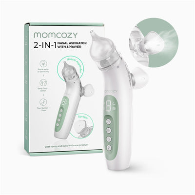 Momcozy BreezyClear™ 2-in-1 Spray & Suction Electric Nasal Aspirator with digital display and instructions on packaging.
