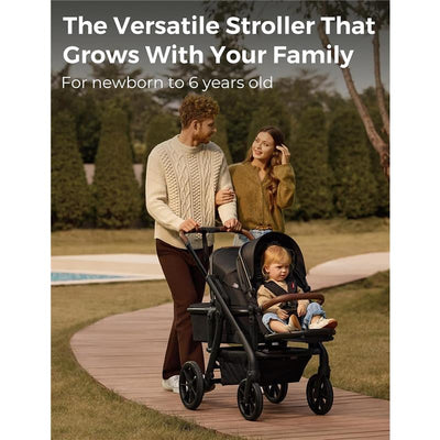 Momcozy ChangeGo Baby Stroller in use by a couple walking a child, featuring a convertible design for multiple configurations.