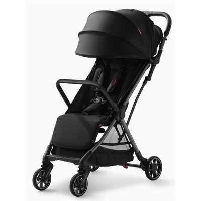Lightweight Momcozy Clickgo stroller in black, featuring a large canopy, safety harness, and four wheels for maneuverability.