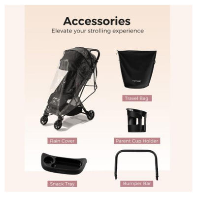 Lightweight black stroller with accessories: rain cover, travel bag, snack tray, parent cup holder, and bumper bar.
