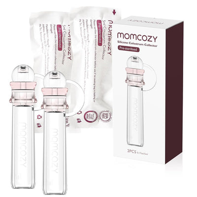 Reusable silicone colostrum collector set by Momcozy, includes two collectors and packaging, pre-sterilized.