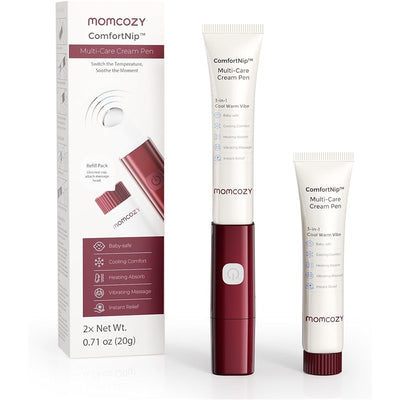 Momcozy Comfortnip Multi-Care Nipple Care Pen with packaging, featuring 3-in-1 cooling, heating, and vibrating functions.