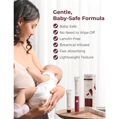 Momcozy Comfortnip Nipple Care Pen shown with a breastfeeding mother and a baby, highlighting gentle, baby-safe formula features.