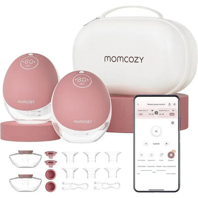 Double breast pump set from Momcozy, featuring two pink pumps, mobile app control, and various accessories in a carrying case.