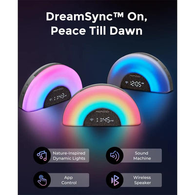 Smart baby sound machine from Momcozy with rainbow lights, app control, and features like dynamic sounds.