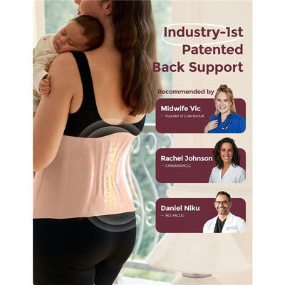 Postpartum woman wearing Momcozy Ergowrap™ belly wrap with visible spine illustration; backed by expert recommendations.