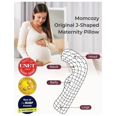Momcozy J-Shaped Maternity Body Pillow with labels for head, neck, belly, and legs, alongside awards for recognition.