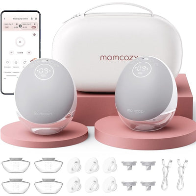 Double wearable breast pump set by Momcozy in gray, with a carrying case, silicone parts, and control app displayed on a smartphone.