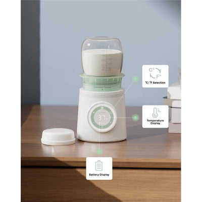 Portable Bottle Warmer MW03 by Momcozy, featuring a milk bottle, temperature display, and battery indicators.