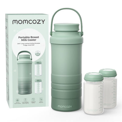 Portable breast milk cooler in green with two bottles, designed for outdoor use, keeps milk cool for 24 hours.