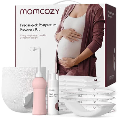 Postpartum recovery kit by Momcozy, featuring various products including a cleansing bottle, foam, and pads, displayed next to a pregnant woman.