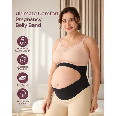 Pregnant woman wearing a black Momcozy belly band over her bump, displaying ergonomic features and soft fabric.