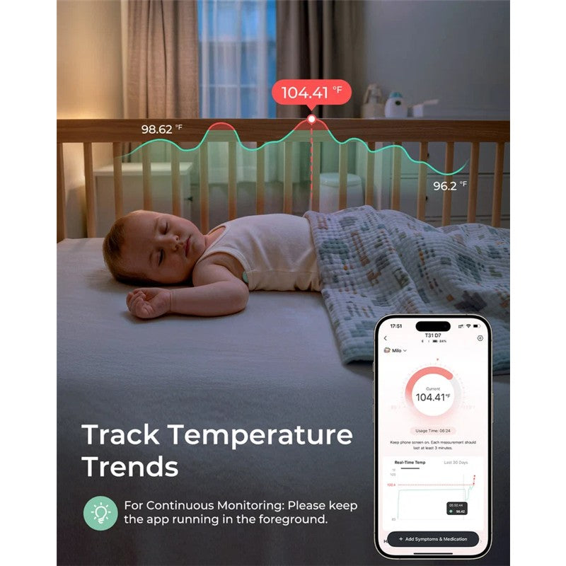 Momcozy Smart Baby Thermometer displays a baby sleeping with a temperature readout of 104.41°F and an app monitoring screen.