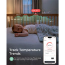 Momcozy Smart Baby Thermometer displays a baby sleeping with a temperature readout of 104.41°F and an app monitoring screen.