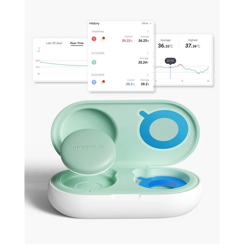 Momcozy Smart Baby Thermometer with a light green case, displaying app monitoring data for temperature tracking.