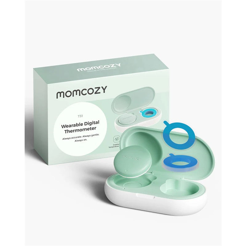 Wearable digital thermometer from Momcozy in a mint green case, featuring blue rings for attachment, emphasizing accuracy and gentleness.