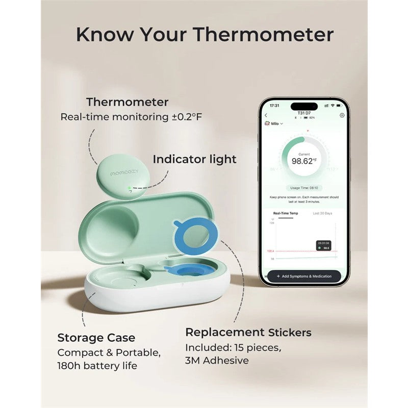 Smart baby thermometer in a storage case with app display showing current temperature and usage statistics.