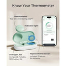 Smart baby thermometer in a storage case with app display showing current temperature and usage statistics.