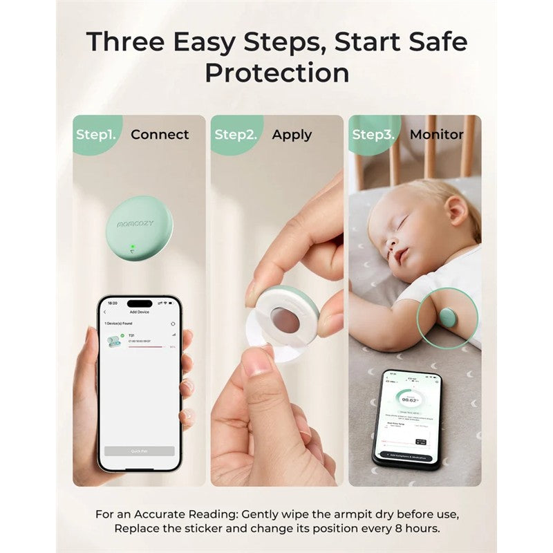 Momcozy Smart Baby Thermometer with app instructions: connect, apply to baby’s armpit, and monitor temperature.