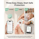 Momcozy Smart Baby Thermometer with app instructions: connect, apply to baby’s armpit, and monitor temperature.