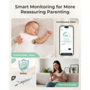 Momcozy Smart Baby Thermometer shows a sleeping baby with a thermometer, smartphone displaying temperature, and a parent monitoring.