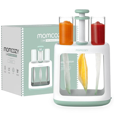 Momcozy Squeeze Station Baby Food Maker with two clear containers of orange and red puree and three filling bags.