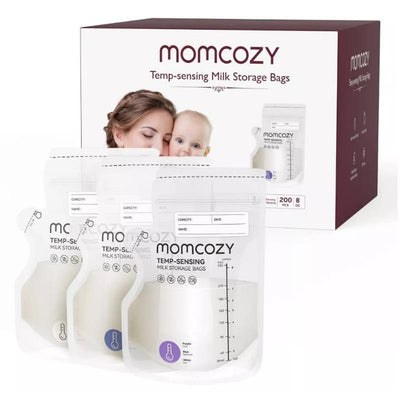Temp-sensing Momcozy breastmilk storage bags in 8oz size, 200 count, with a box featuring a mother and baby.