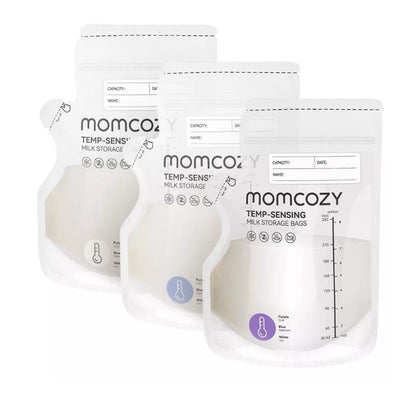 Temp-sensing breastmilk storage bags by Momcozy, 8oz capacity, showing three clear bags with measurement markings.