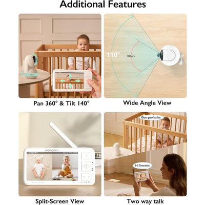Momcozy Video Baby Monitor displaying features: 360° pan, 140° tilt, wide angle view, split-screen, and two-way talk.