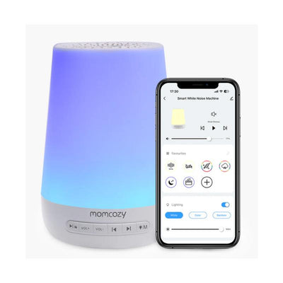 Smart white noise machine by Momcozy with customizable lighting and a smartphone app showing controls.