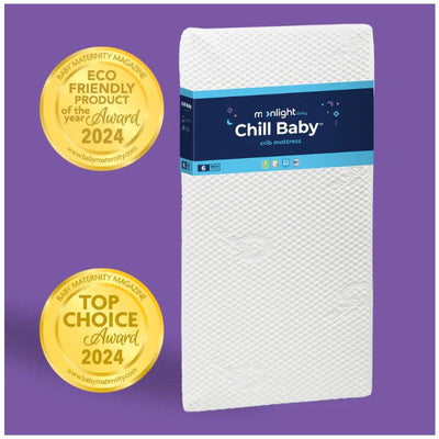 Chill Baby crib mattress by Moonlight Baby, featuring a textured white surface and awards for eco-friendliness and top choice 2024.